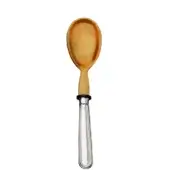Serving spoon with light wood oval bowl, silver metal handle, and dark horn accent, displaying a ridged texture.