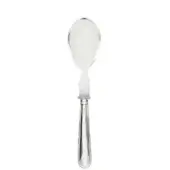 Serving spoon, silver-toned metal and plexiglass, elongated handle with etched lines and transparent curved bowl, Gien branding visible.