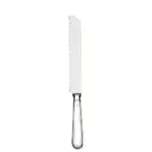 Stainless steel bread knife with serrated blade, elongated handle, and polished finish; Zwilling J.A. Henckels inscription visible.
