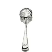 Silver bread tongs with a polished finish and scalloped head design rest on a white background, featuring a slender handle and tiered base.
