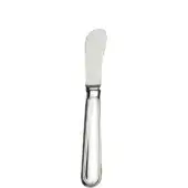 Silver butter knife, rounded blade, cylindrical handle with indentations, polished reflective surface, “UNIT” stamped on blade, white background.