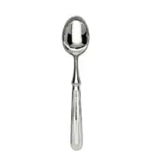 Silver ice cream spoon with oval bowl, polished reflective surface, and ridged elongated handle featuring a stepped neck detail.