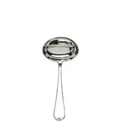 Silver sauce ladle with oval bowl and slender handle, polished stainless steel, studio product shot on white background.