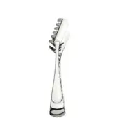 Stainless steel spaghetti tongs with scalloped grips, elongated curved handles, and a polished reflective finish on a white background.