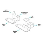 Bathroom set exploded view, white ceramic dispenser & holders, light gray trays, square forms, rounded edges, labeled components, studio lighting.