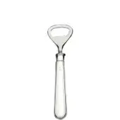 Silver bottle opener, teardrop handle, polished metal, cylindrical neck, circular loop, textured surface, vertical line markings.