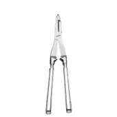 Stainless steel lobster tongs with pointed tips and serrated grips, polished finish, curved handles, and squared ends against a white backdrop.