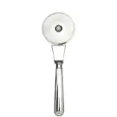 Stainless steel pizza cutter, circular blade, curved polished frame, teardrop handle with vertical ridges, Kitchen Edge branding.