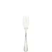 Hors d'oeuvre fork, polished silver metal, four tines and teardrop handle with oval design, centered on white background.