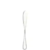 Silver hors d'oeuvre knife with curved blade and teardrop handle, polished metal reflects light against white backdrop.