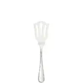 Silver hors d'oeuvre server with perforated scalloped head, slender handle, and polished reflective stainless steel finish.