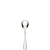 Hors d'oeuvre spoon, silver-toned metal, oval bowl, slender handle with teardrop finial, polished reflective surface, minimalist design.
