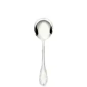 Silver soup spoon with rounded bowl and slender handle featuring a textured, repeating bump pattern and polished reflective finish.