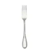 Silver table fork with three tines, curved handle, and repeating floral pattern on the base, displayed on a white background.