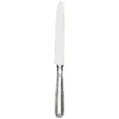 Silver table knife with fluted handle, rounded end, and pointed blade displayed on a white background.
