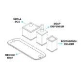 Bathroom set technical drawing, white ceramic, square box, cylindrical dispenser, rectangular tray, minimalist design, labeled components.