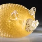 Glass hedgehog sculpture, amber translucent, textured scales, hand-blown, detailed snout, honeycomb underbelly, internal reflections.