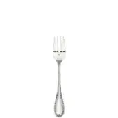 Silver fish fork with four tines, textured handle, and teardrop end featuring a repeating geometric pattern, polished sheen.