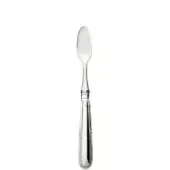Sterling silver shellfish knife with elongated blade, floral handle detailing, and polished reflective finish, presented on a white background.