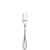 Silver dessert fork with three tines, curved handle, textured surface, and repeating geometric pattern near the base, polished sheen.