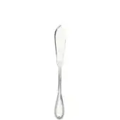 Silver dessert knife, polished metal, teardrop handle with textured edges and central ridge against a white backdrop.