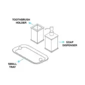 Bathroom set line drawing: square toothbrush holder, rectangular soap dispenser, curved tray, coordinated design, black on white.
