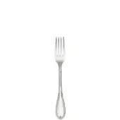 Silver fruit fork with four tines, textured handle, and decorative loop, polished metal finish against a white backdrop.