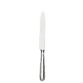 Silver fruit knife with curved blade, ridged handle, and pointed end, displayed against a white backdrop.