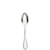 Silver fruit spoon with polished oval bowl and slender handle, featuring a teardrop end with circular patterned edges.