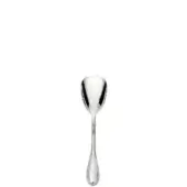 Silver ice cream spoon, stainless steel, rounded bowl, slender handle with vertical ribs and textured teardrop end, reflective polished finish.