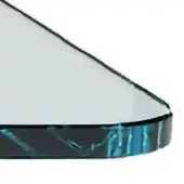 Glass playing surface with dark blue resin band, beveled edge, and subtle streaks, displaying product text label.