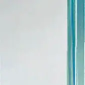 Tempered glass surface, white with teal brushstrokes, vertical streaks, translucent texture, soft diffused lighting, material sample closeup.
