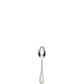 Silver coffee spoon with oval bowl, slender handle, and textured dot pattern base, studio shot on white background.