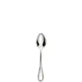 Silver teaspoon with elongated oval bowl and patterned handle, highly polished metal reflects light against a white backdrop.