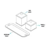 Bathroom set schematic diagram showing large, small boxes and curved tray with circular openings, white line drawing.