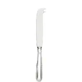 Silver cheese knife with curved blade, textured handle, and floral motif, studio shot on white background.
