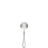 Silver cheese spoon with scalloped grating bowl and teardrop handle, featuring a repeating textured pattern and polished reflective finish.