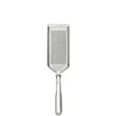 Silver parmesan grater, stainless steel, rectangular shape with floral handle detailing and “ALESSANDRI ITALY” etching, polished finish.