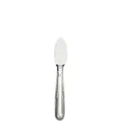 Silver parmesan knife, polished sterling silver, slender blade with curved tip and floral patterned handle.