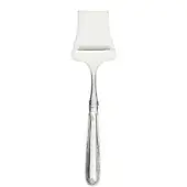 Parmesan cheese slicer, silver-toned metal, rectangular blade with curved edge and embossed handle detail.