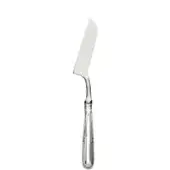 Silver cheese knife, stainless steel blade, floral patterned handle, textured grip, polished finish, studio product shot.