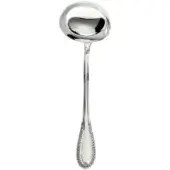 Silver ladle with rounded bowl and textured handle, featuring a flared end with circular pattern, studio product shot.