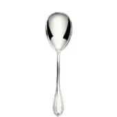Silver serving spoon with oval bowl, curved handle, and repeating dotted pattern, featuring a polished metallic finish on a white background.