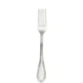 Silver serving fork with four tines, elongated handle, textured base, and rounded knob against a white backdrop.