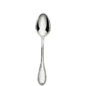 Silver serving spoon with oval bowl, polished surface, and textured rope-pattern handle with dot detailing.