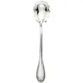 Silver spaghetti serving spoon, perforated bowl, scalloped edge, floral handle pattern, flared end, polished finish, formal dining.