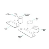 Bathroom set technical drawing, white line illustration, cylindrical containers, rounded trays with cutouts, minimalist design, product specification.