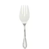 Silver fish server with three tines, broad bowl, and textured rope pattern handle, polished metallic sheen, formal dining.