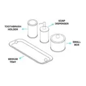 Bathroom set technical drawing, white ceramic, includes tray, toothbrush holder, soap dispenser, and lidded box with cylindrical forms.
