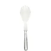 Silver serving fork with white plexiglass tines, ornate embossed handle, scrolling floral design, polished metal finish, vertical studio shot.